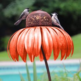 Bird Feeder Bottle with Stand Metal Flower Shaped Outdoor Garden Decoration Pink Coneflower Bird Feeder Container Accessories (Color: Orange)