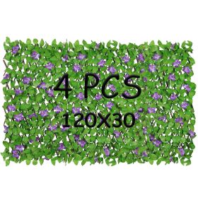 4 Pack Expandable Faux Privacy Fence, Decorative Faux Ivy Greenery Fencing Panel, Artificial Hedges Screen for Balcony Patio Outdoor (Color: Purple Flower)